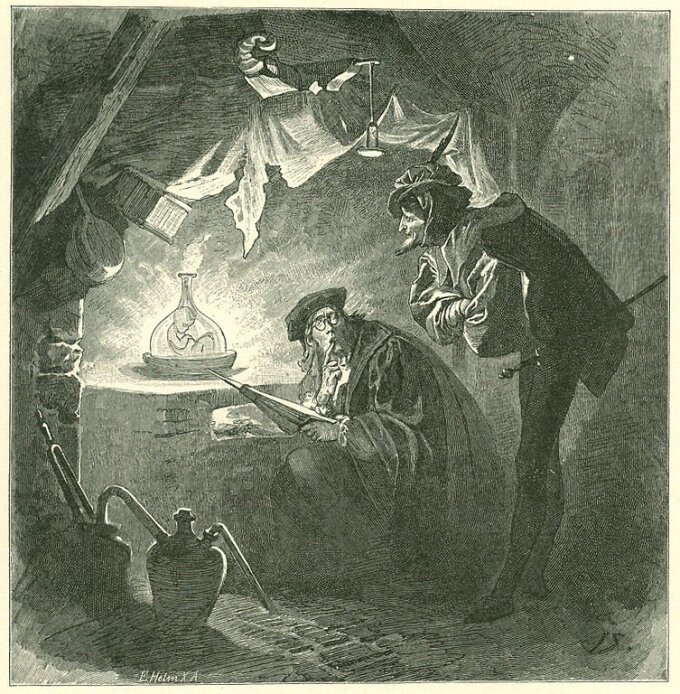 Homunkulus in der Phiole. Famulus Wagner und Mephistopheles.